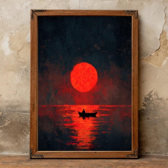 Minimalist Abstract Red Sun Art Print Boat Sunset Poster Decor, Unframed Poster Size 8x12 F03.1.22l938