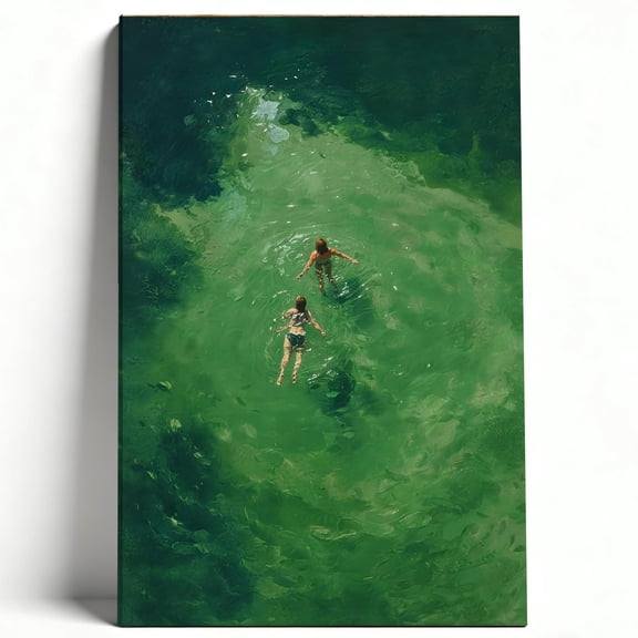 Minimalist Aesthetic Emerald Lagoon Swimmers Scene Premium Matte Finish Gallery Wrapped Canvas Wall Art for Modern Living Room Office or Bedroom Decor 24*36inch(60*90cm)