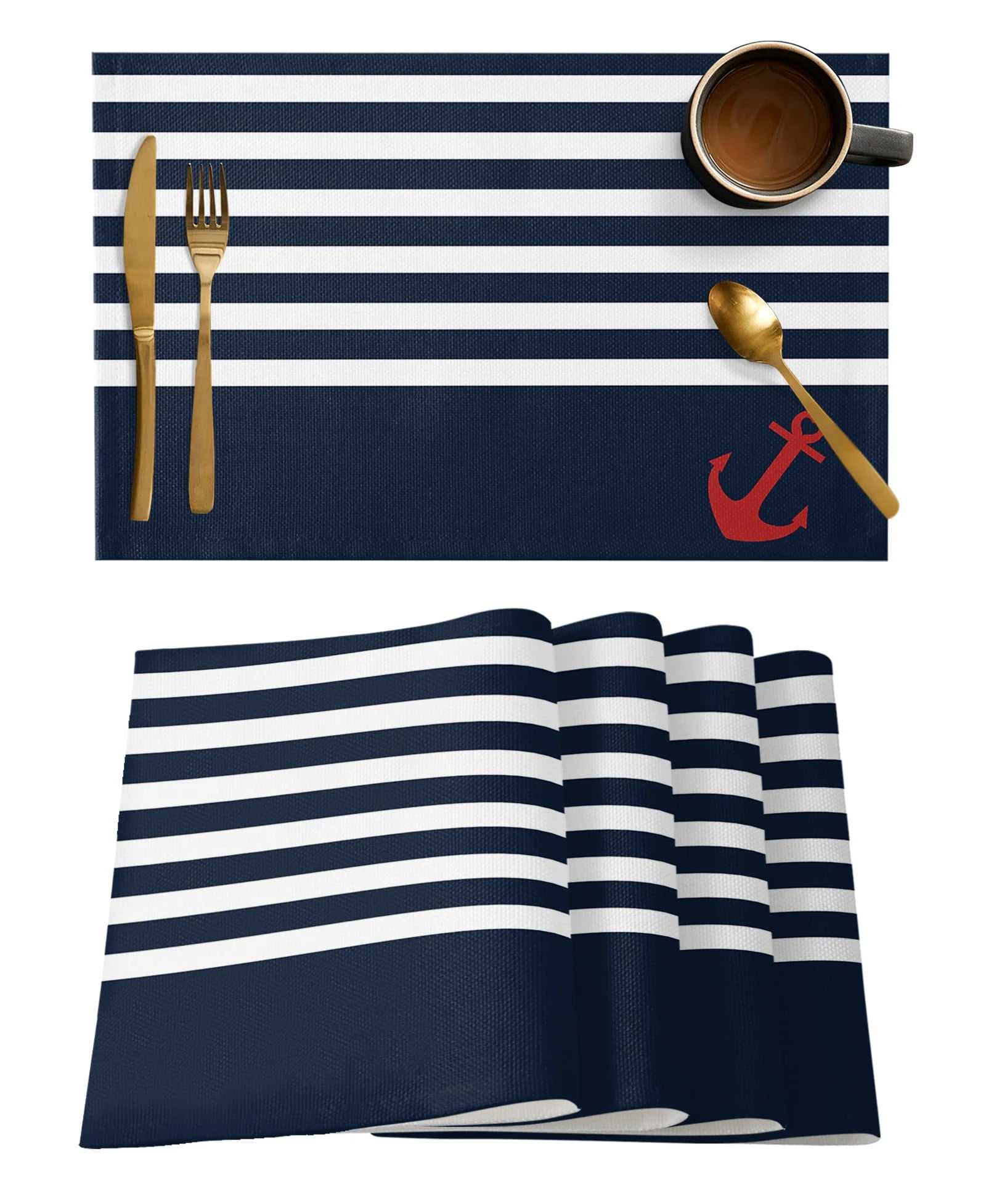 Minimalist Anchor Navy Blue Placemats Set of Kitchen Coffee Accessories