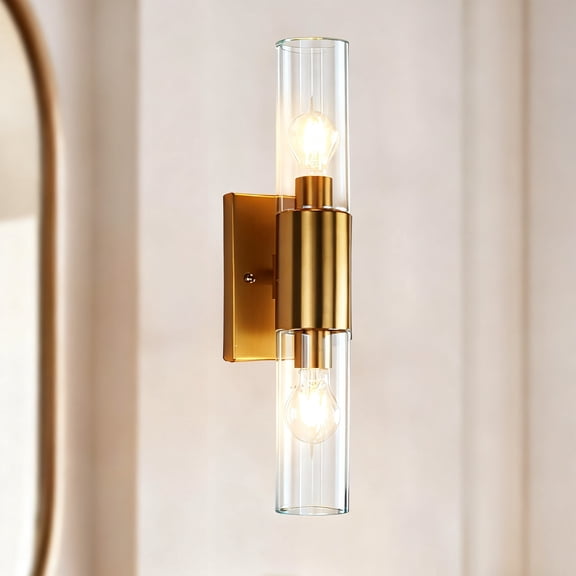 Minimalist Antique Brass Double Metal with Glass Shade Vanity Light, Hand-polished Wall-Mounted Sconce, Unique Elegant Wall Light, Indoor Sconce beside Mirror, for Bathroom, Living Room, Bedroom