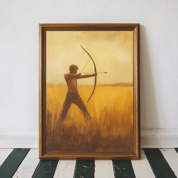 Minimalist Archer Warrior Bow Arrow Tribal Hunting Silhouette, Stretched Canvas 16x20in