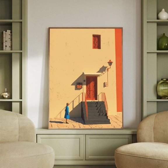 Minimalist Architecture Wall Art, Warm Modern Building Poster, Mediterranean Aesthetic Home Decor, Abstract Exterior Illustration Va-T10-404, Unframed Poster Size 24x36