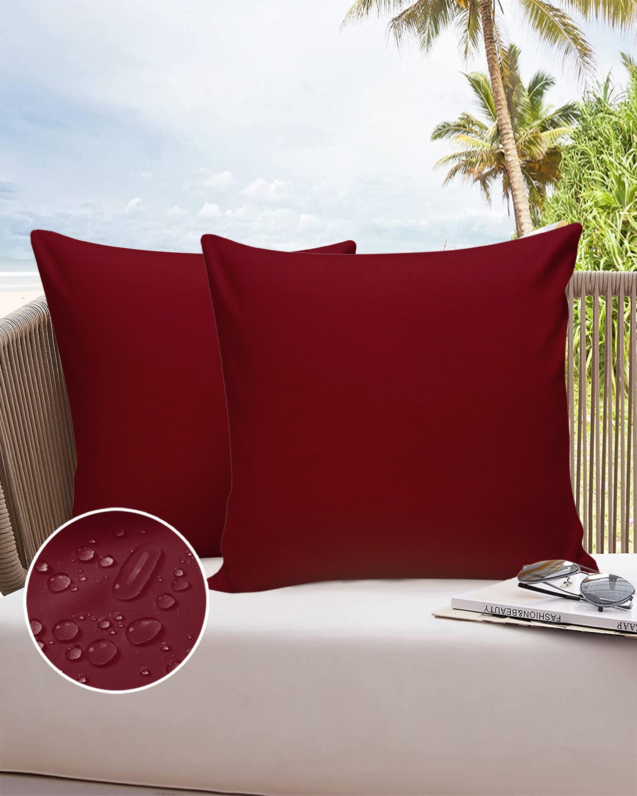 Minimalist Art Burgundy Red Color Outdoor Pillow Covers Waterproof Throw Pillow Cover 18x18in Set of 2,Square Decorative Pillowcases Cushion Case for Patio Sofa Couch,Solid Pure Dark Maroon
