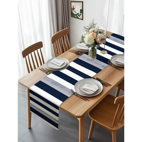 Minimalist Art Navy Blue White Gray Lines Table Runner 13x70in Non-Slip Cotton Linen Table Runners, Simple Stripe Dresser Scarves TableRunner for Dinner Kitchen Dining Wedding Party