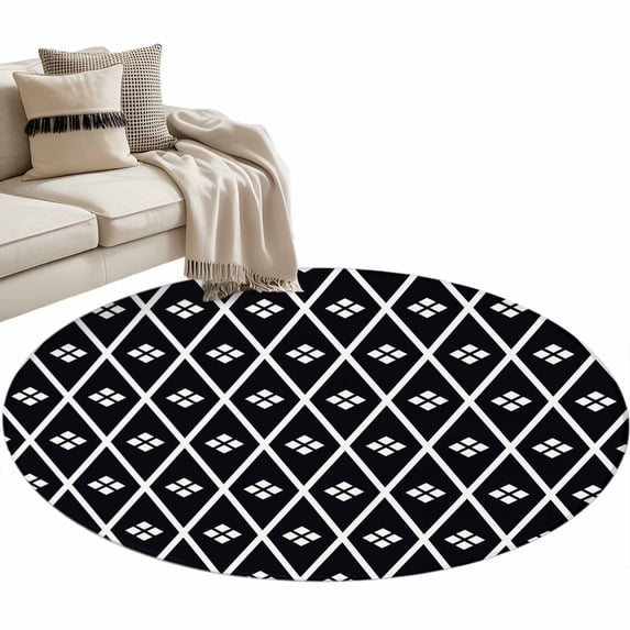 Minimalist Art Round Rug 3.3ft Washable Circle Entryway Rugs Non Slip Boho Abstract Floral Lattice Black Area Rug Indoor Floor Carpet for Bedroom Kitchen Living Room Home Office Dining Room Nursery
