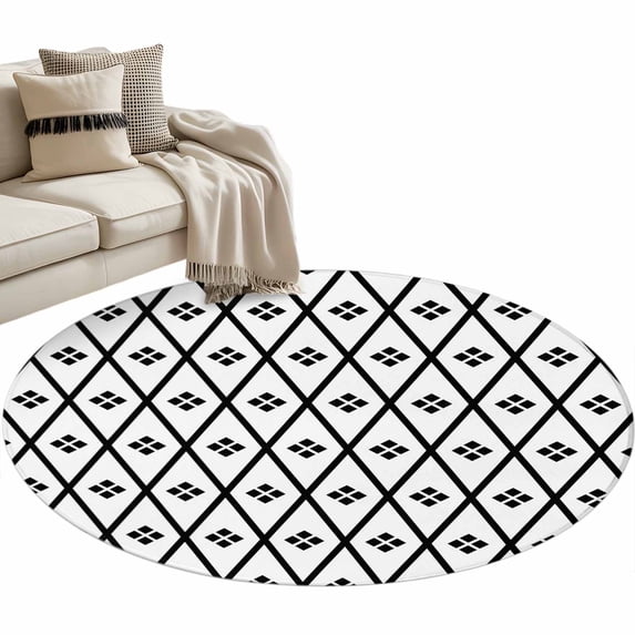 Minimalist Art Round Rug 4ft Washable Circle Entryway Rugs Non Slip Black White Boho Abstract Floral Lattice Area Rug Indoor Carpet for Bedroom Kitchen Living Room Home Office Dining Room Nursery