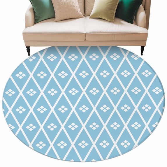 Minimalist Art Round Rug 5ft Washable Circle Kitchen Rugs Non Slip Boho Abstract Floral Lattice Light Blue Large Area Rug Indoor Floor Carpet for Bedroom Living Room Home Office Dining Room Nursery