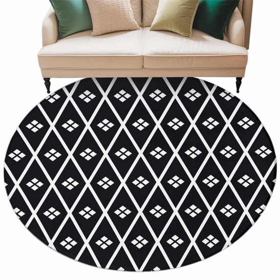 Minimalist Art Round Rug 7ft Washable Circle Rugs Non Slip Boho Abstract Floral Lattice Black Large Area Rug Indoor Floor Carpet for Bedroom Kitchen Living Room Home Office Dining Room Nursery
