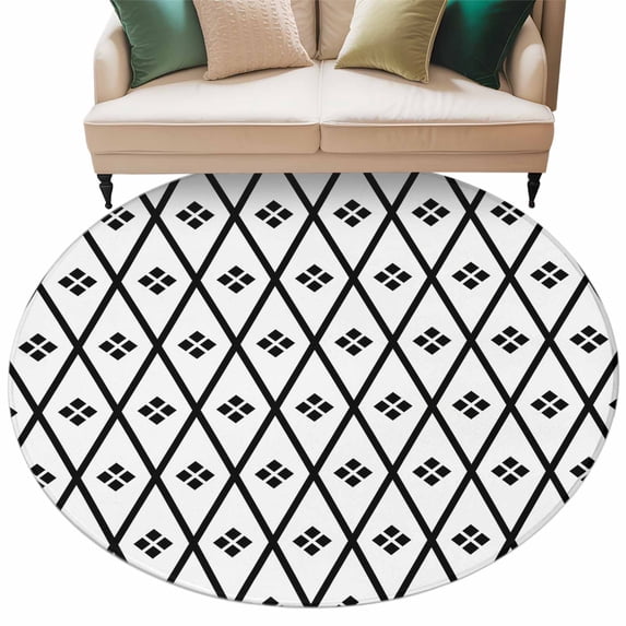 Minimalist Art Round Rug 8ft Washable Circle Rugs Non Slip Black White Boho Abstract Floral Lattice Large Area Rug Indoor Floor Carpet for Bedroom Kitchen Living Room Home Office Dining Room Nursery