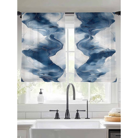 Minimalist Art Sheer Curtains 45 Inches Long 2 Panels Blue White Abstract Wave Pattern Light Filtering Semi Sheer Window Curtains Drapes for Bedroom Living Room 52"x45"