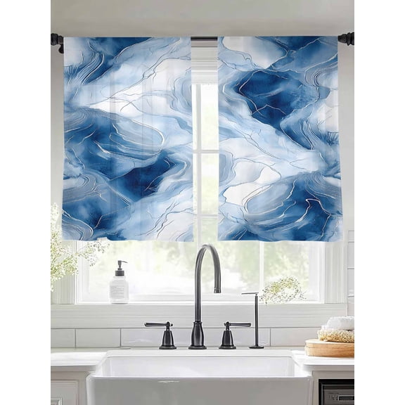 Minimalist Art Sheer Curtains 54 Inches Long 2 Panels Blue Abstract Wave Pattern Light Filtering Semi Sheer Window Curtains Drapes for Bedroom Living Room 52"x54"