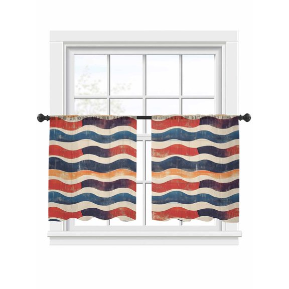 Minimalist Art Sheer Curtains for Living Room Bedroom, Light-filtering Sheer Curtain, Abstract Blue Red Brown Rippled Light-Rod Pocket Voile Window Treatment Drapes, 52’’Wx45’’L, 2 Panels Set