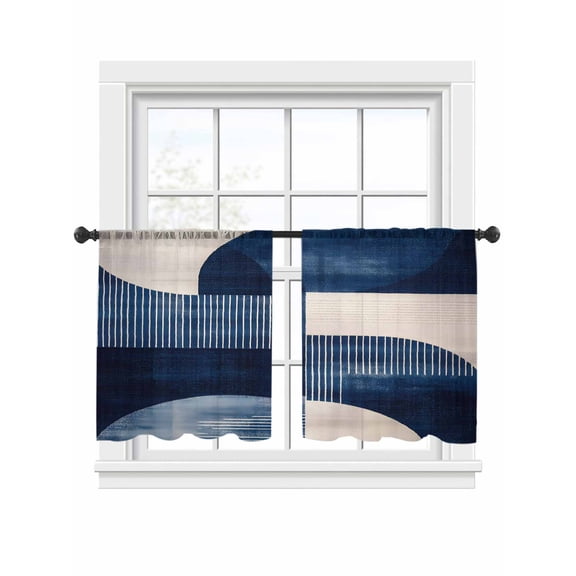 Minimalist Art Sheer Curtains for Living Room Bedroom, Light-filtering Sheer Curtain, Blue Toned Circular Color Block LigRod Pocket Voile Window Treatment Drapes, 52’’Wx54’’L, 2 Panels Set