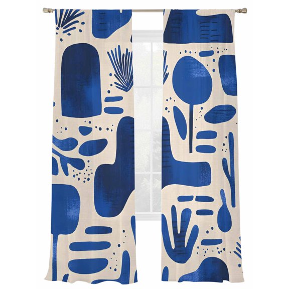 Minimalist Art Sheer Curtains for Living Room Bedroom, Light-filtering Sheer Curtain, Modernism Blue Color Block Line Rod Pocket Voile Window Treatment Drapes, 52’’Wx84’’L, 2 Panels Set