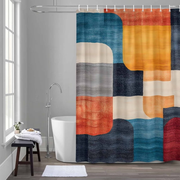 Minimalist Art Shower Curtain for Bathroom Decor, Modern Multi Color Square Color Block Waterproof Fabric Shower Curtain, 72"x72" Set with 12 Hooks