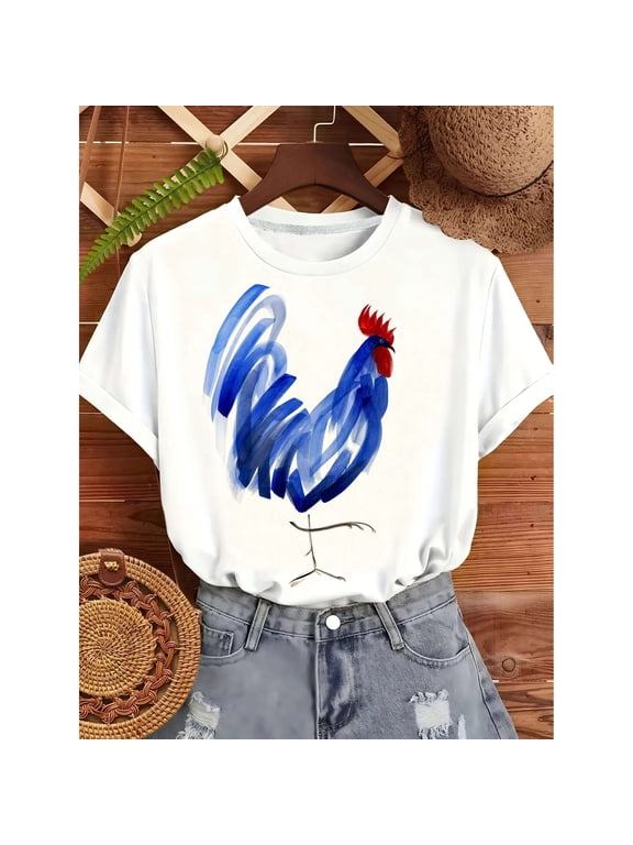 Minimalist Art Style Watercolor Rooster Print Short Sleeve T-Shirt Red Comb Front And Back Same Crew Neck Casual