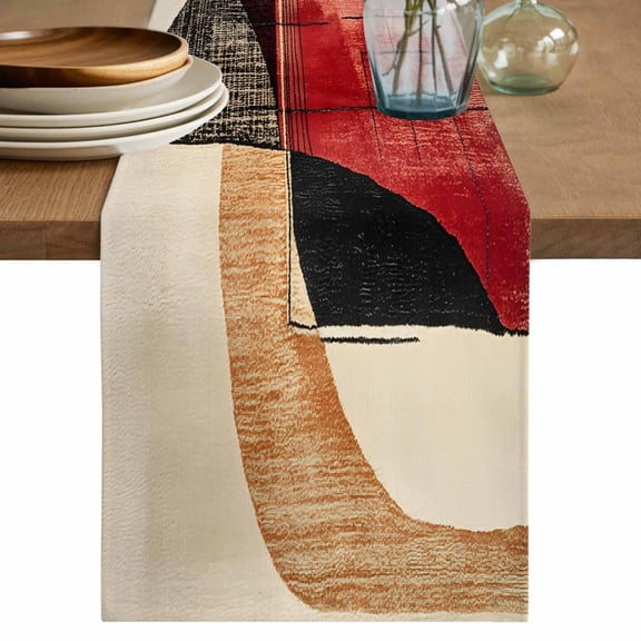 Minimalist Art Table Runner, Black Red Geometric Abstract Cotton Linen Kitchen Table Decoration Washable Dining Tabletop Runners for Home Party Decor 13x36 Inches