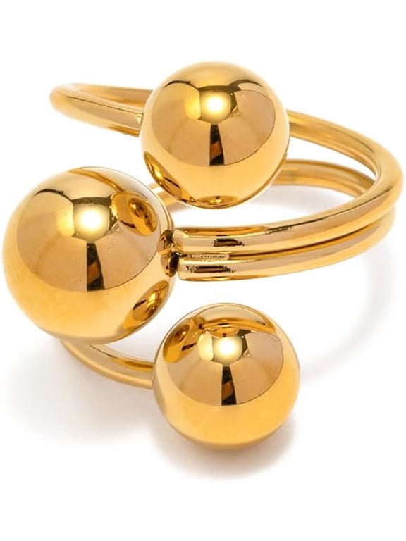 Minimalist Ball Statement Ring for Women Men Gold Plated Stainless Steel Layered 3 Round Balls Open Wrap Finger Rings Comfort Fit Geometric Unique Christmas Birthday Party Jewelry Gift Size 8