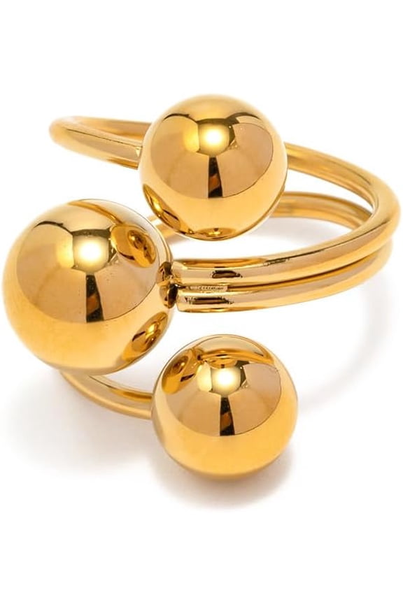 Minimalist Ball Statement Ring for Women Men Gold Plated Stainless Steel Layered 3 Round Balls Open Wrap Finger Rings Comfort Fit Geometric Unique Christmas Birthday Party Jewelry Gift Size 8
