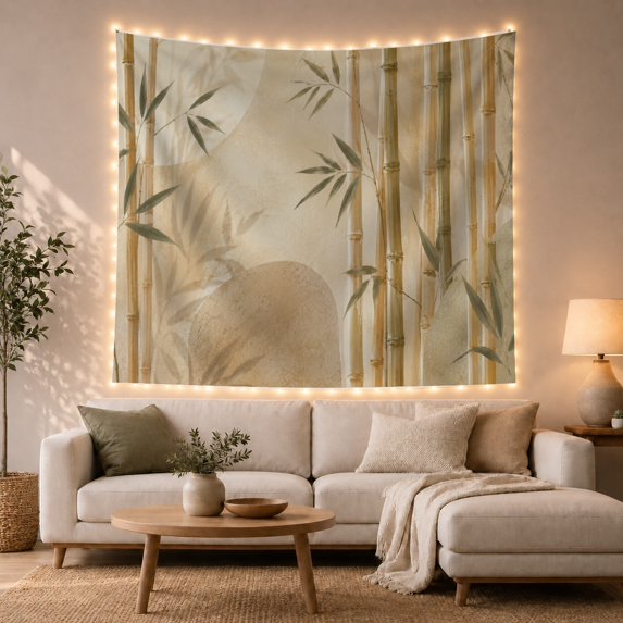 Minimalist Bamboo Illustration on Cream and Beige Textured Background, Serene Boho for Nature Lovers, Botanical Plant Wall Art, Housewarming Gift Tapestry Wall Hanging for Bedroom and Living Room