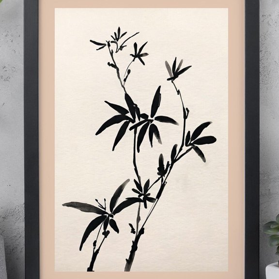 Minimalist Bamboo Zen Art Print Japanese-Inspired With Beige Border For Tranquil Home Decor Wall Art