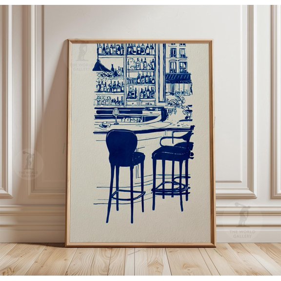 Minimalist Bar Scene Print Modern Cafe Interior Illustration Kitchen Decor