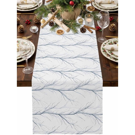 Minimalist Bare Leafless Table Runner 36 Inches Long, Nordic Twig Pale‑Blue Line‑Art Cotton Linen Dining Table Runner Dresser Scarves for Home Kitchen Party Decor 13"x36"