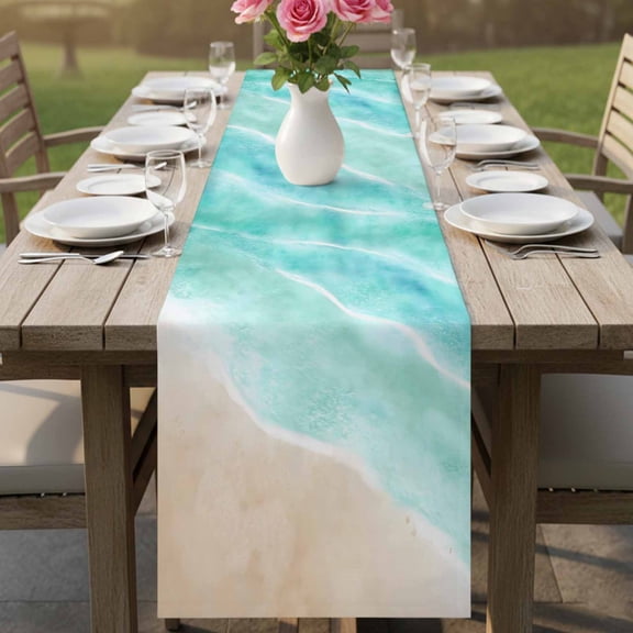 Minimalist Beach Shore Table Runner 13x36in Non-Slip Cotton Linen Table Runners, Turquoise Ocean Water Dresser Scarves TableRunner for Dinner Kitchen Dining Wedding Party