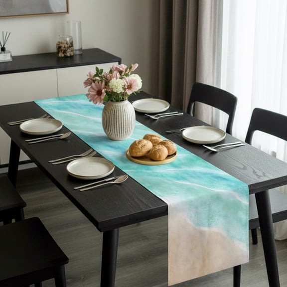Minimalist Beach Shore Table Runner 36 Inches Long,Kitchen Dining Tablerunners Turquoise Ocean Water Linen Table Runners Dresser Scarves for Home Dinner Wedding Holiday Party Decor