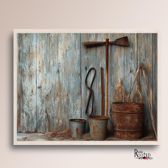 Minimalist Beige Abstract Wall Art - Neutral Tranquil Modern Decor Old Rusted Vintage Farm Tools Weathered Rustic Barn Art, UNFRAMED Size 24x24