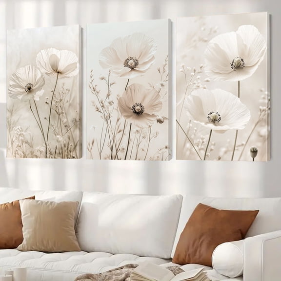 Minimalist Beige Poppy 3-Piece Canvas Decor for Living Room