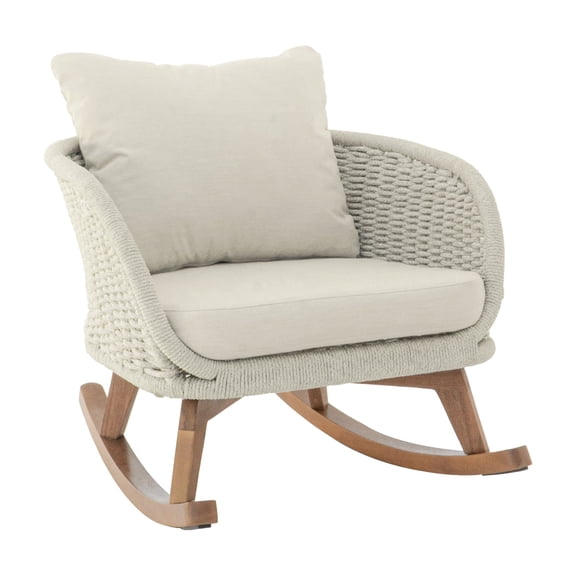 Minimalist Beige Wicker Rocking Chair - Soft Polyester Cushions, Sturdy Wood Frame. Indoor/Outdoor Use