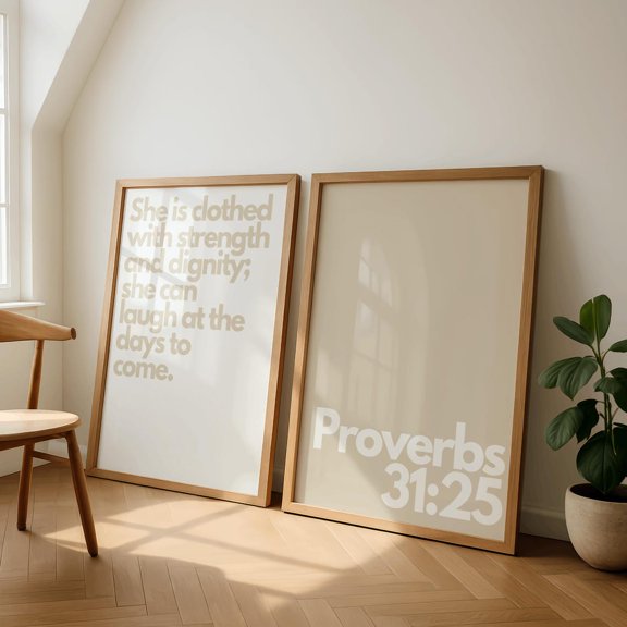 Minimalist Bible Verse Duo Proverbs 31:25 Wall Art Christian Scripture Decor Set 2 Stretched Canvas 8x12