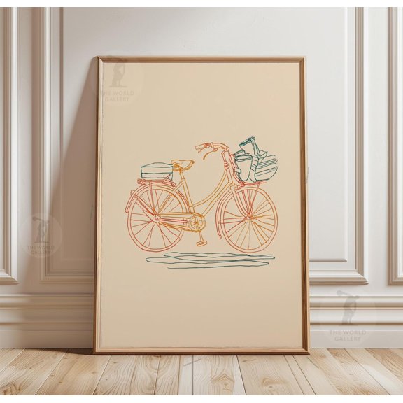 Minimalist Bicycle Line Art Orange Blue Abstract Paper Poster Decor, Unframed Poster