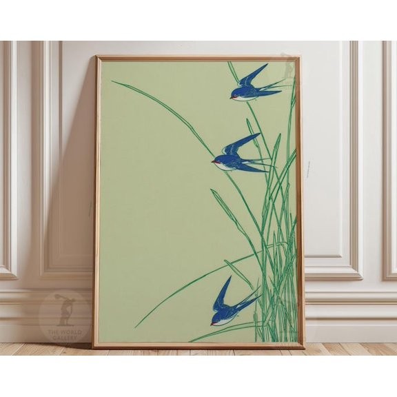 Minimalist Bird Green Background Flying Birds Wall Art Print, Unframed Paper Poster 24x36in