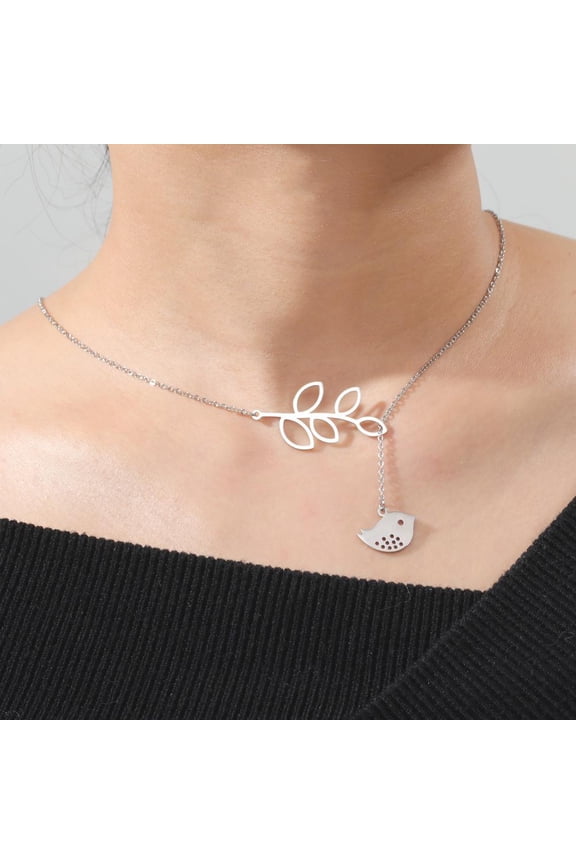Minimalist Bird Leaf Pendant Necklace Silver Alloy Nature Inspired Delicate Forest Theme Chain Jewelry Christmas Gift for Women