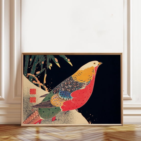 Minimalist Bird Wall Art Japanese Golden Pheasant Oriental Wildlife Poster, Stretched Canvas 16x20in