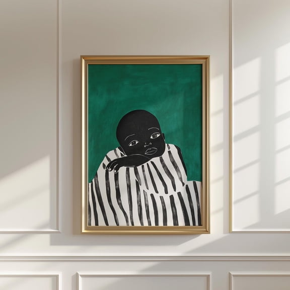 Minimalist Black And White Baby Portrait Wall Art, Modern Nursery Green Background, Striped Blanket Art Wall Art, Modern Wall Decor, 16x24 UNFRAMED