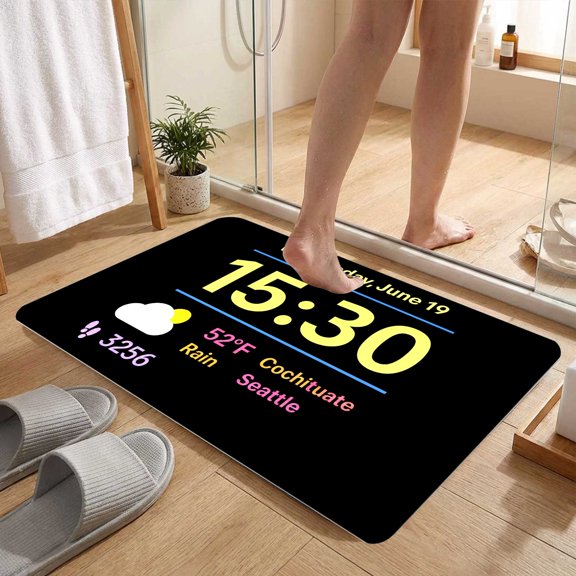 Minimalist Black Background Digital Clock Weather Floor Mat, Indoor Outdoor Kitchen Living Room Trendy Entry Mat, Thanksgiving Christmas Gift