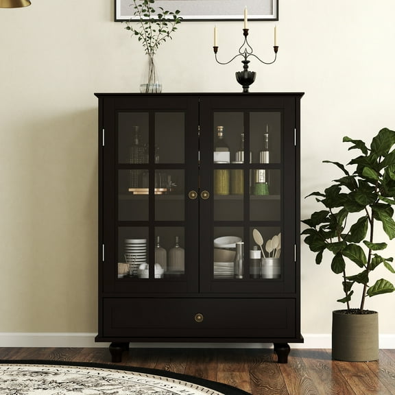 Minimalist Black Buffet Cabinet with Double Glass Doors and Drawer, Modern Wooden Storage Sideboard Cupboard for Living room, Dining Room Hallway Entryway(Black)