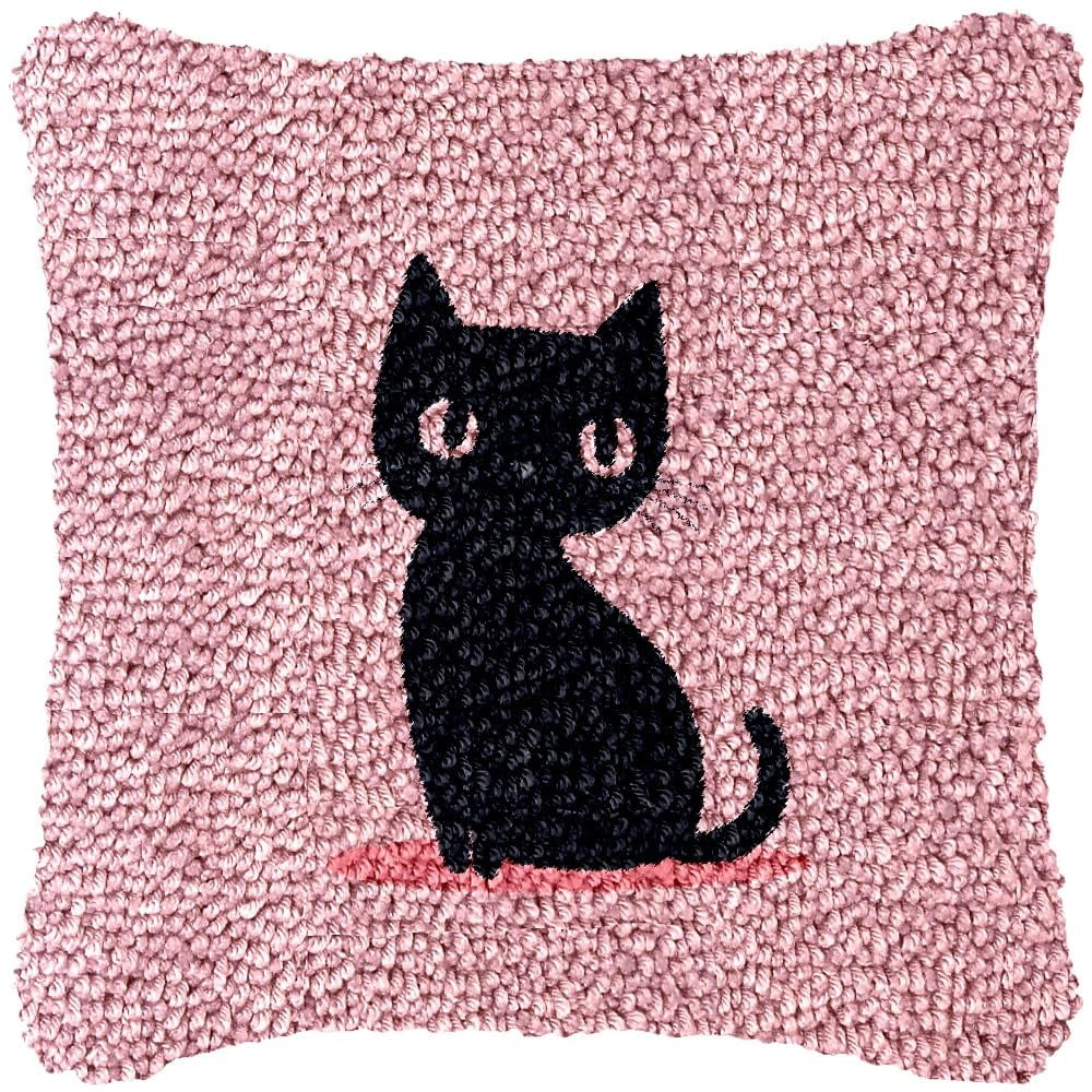 Minimalist Black Cartoon Cat Latch Hook Pillow Kits DIY Pillowcase Cushtion Cover Crochet Hooking Pillow Making Kits with Color Pattern Canvas Crochet Hooking Kits Pillow 43x43cm(j09)