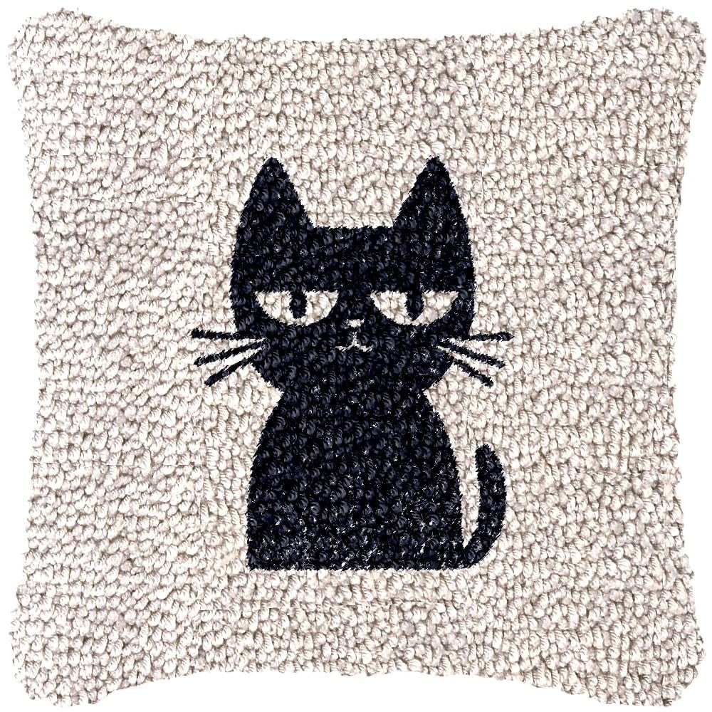 Minimalist Black Cat Latch Hook Pillow Kits DIY Pillowcase Cushtion Cover Crochet Hooking Pillow Making Kits with Color Pattern Canvas Crochet Hooking Kits Pillow 43x43cm(j03)