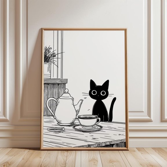 Minimalist Black Cat Tea Time Print Modern Kitchen Wall Art, Unframed Paper Print