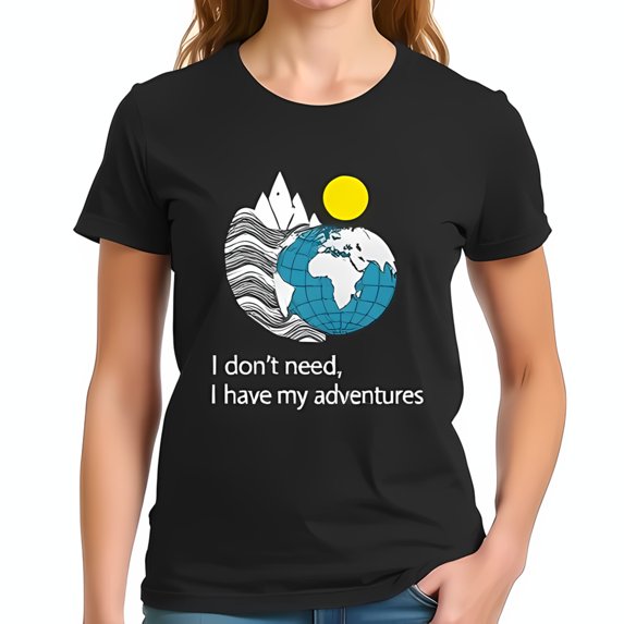 Minimalist Black Cotton Short Sleeve T-Shirt with Mountain Wave Sun Globe Graphic & " I Don't Need I Have My Adventures " Print