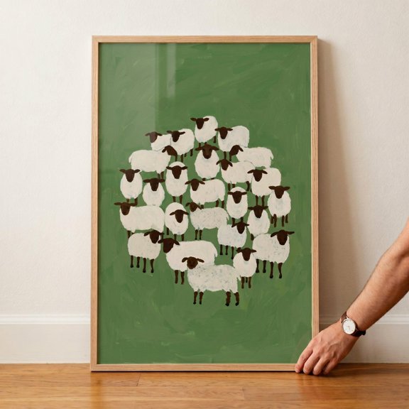 Minimalist Black Face Sheep Wall Art Farmhouse Nursery Decor Modern Folk Art Print Green Pasture Illustration Country Animal Poster