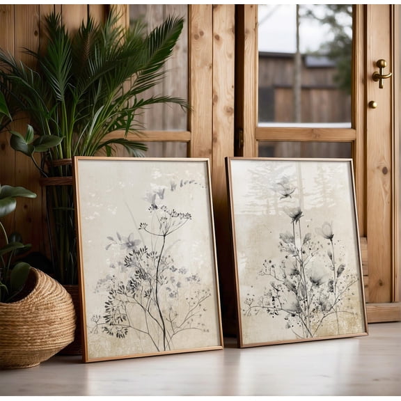 Minimalist Black Flowers on Vintage Background Rustic Boho Wall Decor Botanical Prints Wild Floral Art Set 2