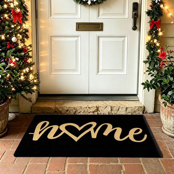 Minimalist Black Gold Heart Integrated HOME Script Print Polyester Doormat,Multi‑Size,Entryway Indoor Home Decor