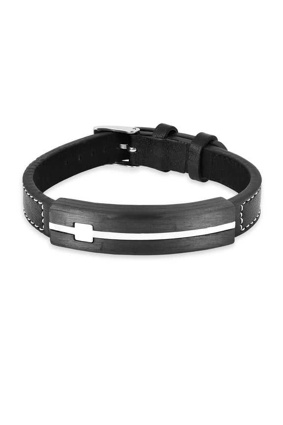 Minimalist Black Leather Bracelet- Staineless Steel Black Leather Bracelet for Mens Carbon Fiber Bracelet Gift