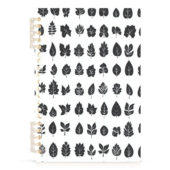 Minimalist Black Leaves Pattern A5 8.3x5.7in PP Notebook, Adjustable Rings, 60 Sheets, Diary or Journey Note