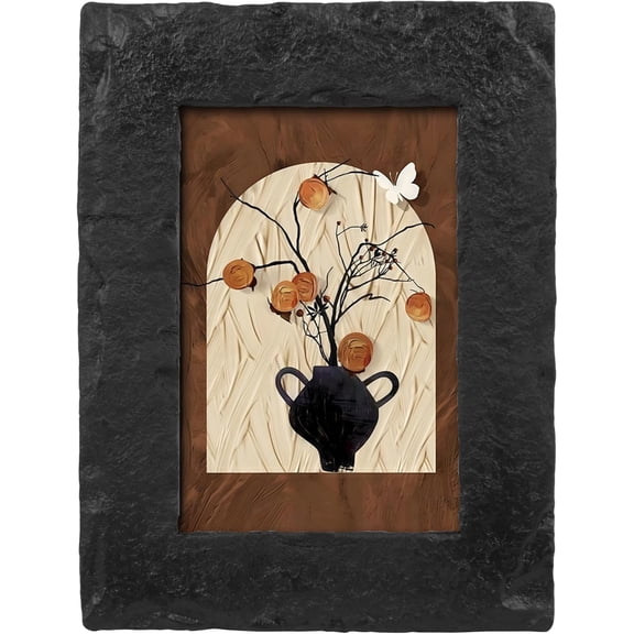 Minimalist Black Picture Frame 4x6, Modern Photo Frame for Desktop or Wall Display, Hand-Painted Carved Border with Chiseled Texture